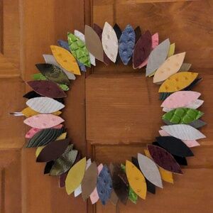 NEW! Handmade Genuine Leather Wreath Multi Color Leather Suede Leaves 10.5"
